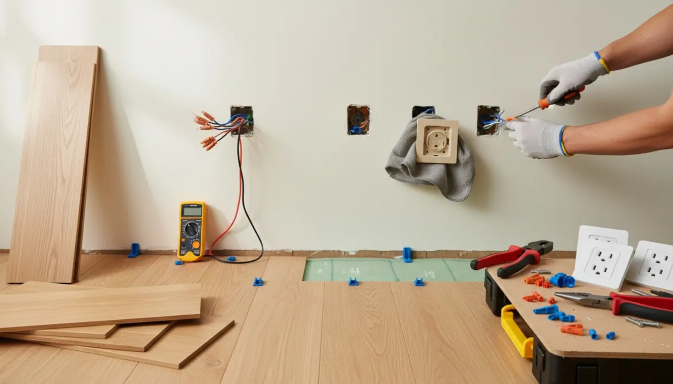 Tre afmonterede stikkontakter på en væg ved et delvist lagt trægulv med elektrikerværktøj og beskyttelseshandsker.