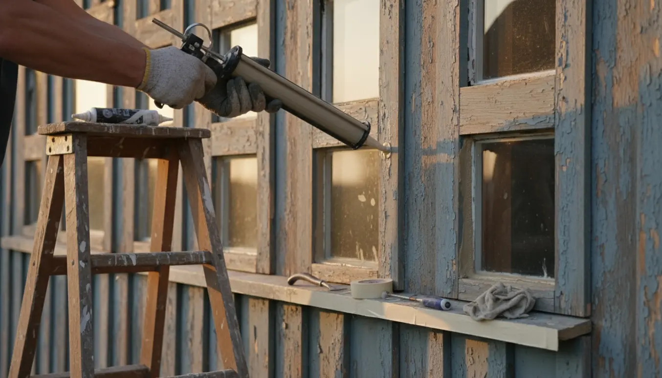 Nærbillede af hænder, der fuget udvendigt omkring flere nye vinduer på et gammelt hus.