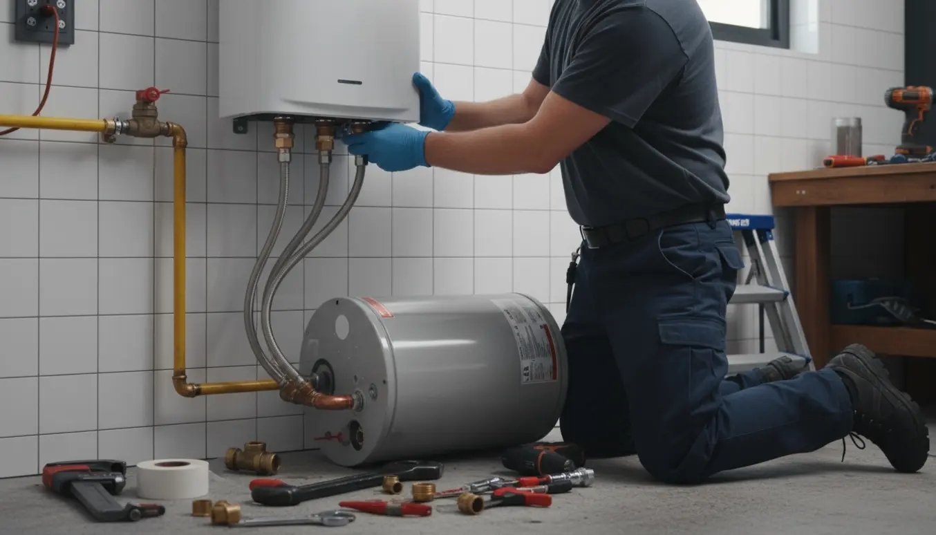 Montør forbinder en vægmonteret gennemstrømningsvandvarmer i et lyst bryggers, kun hænder og værktøj er synlige.