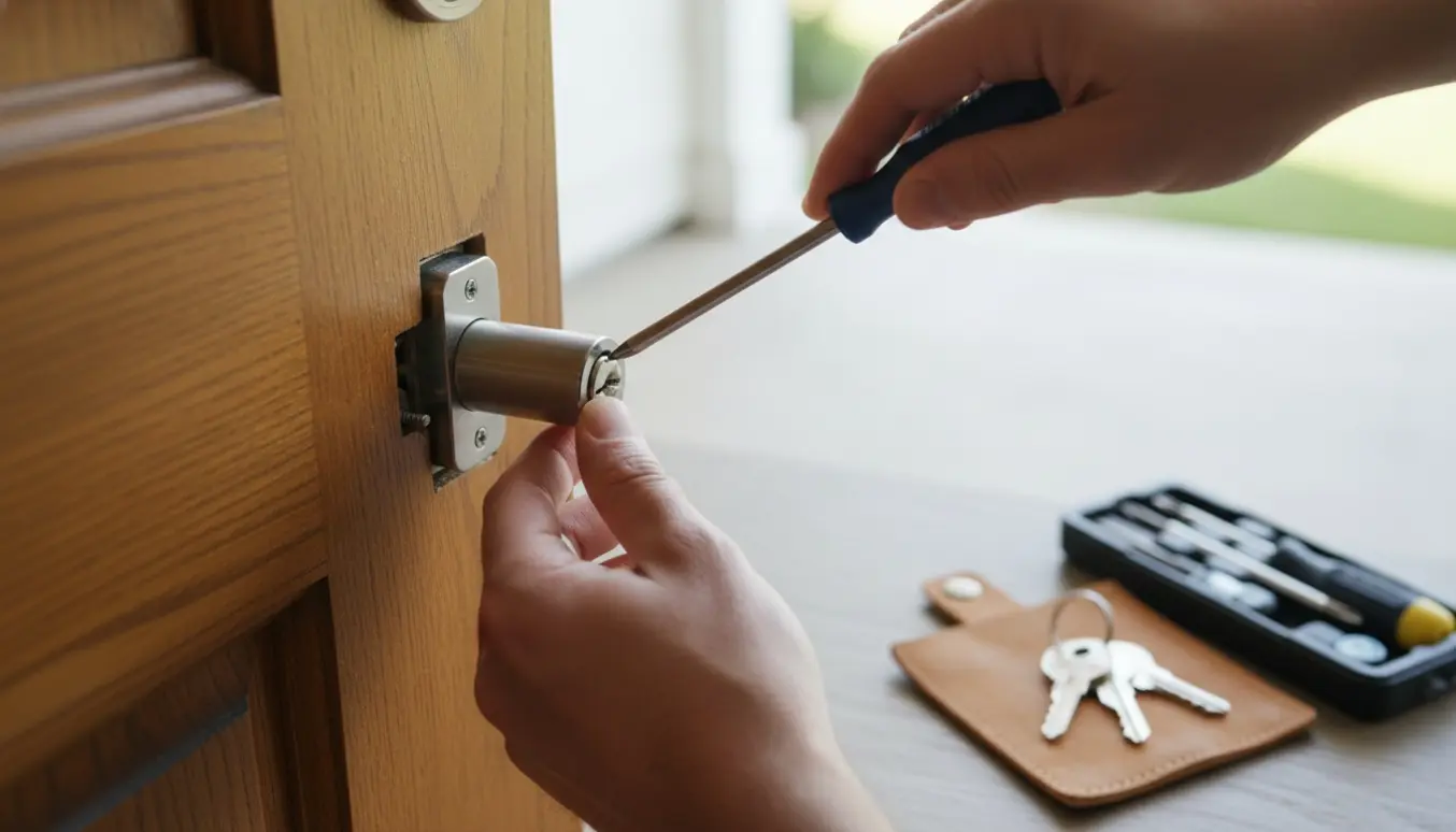 Nærbillede af udskiftning af lås i hoveddøren med tre nye nøgler på en nøglering.
