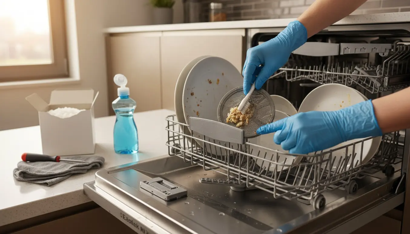 Åben opvaskemaskine med snavsede tallerkener og hænder, der rengør filter og sprøjtearm.