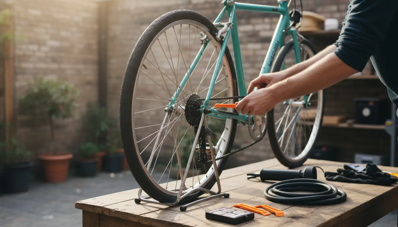 Cykel med punkteret bagdæk og ny slange og værktøj klar til udskiftning.