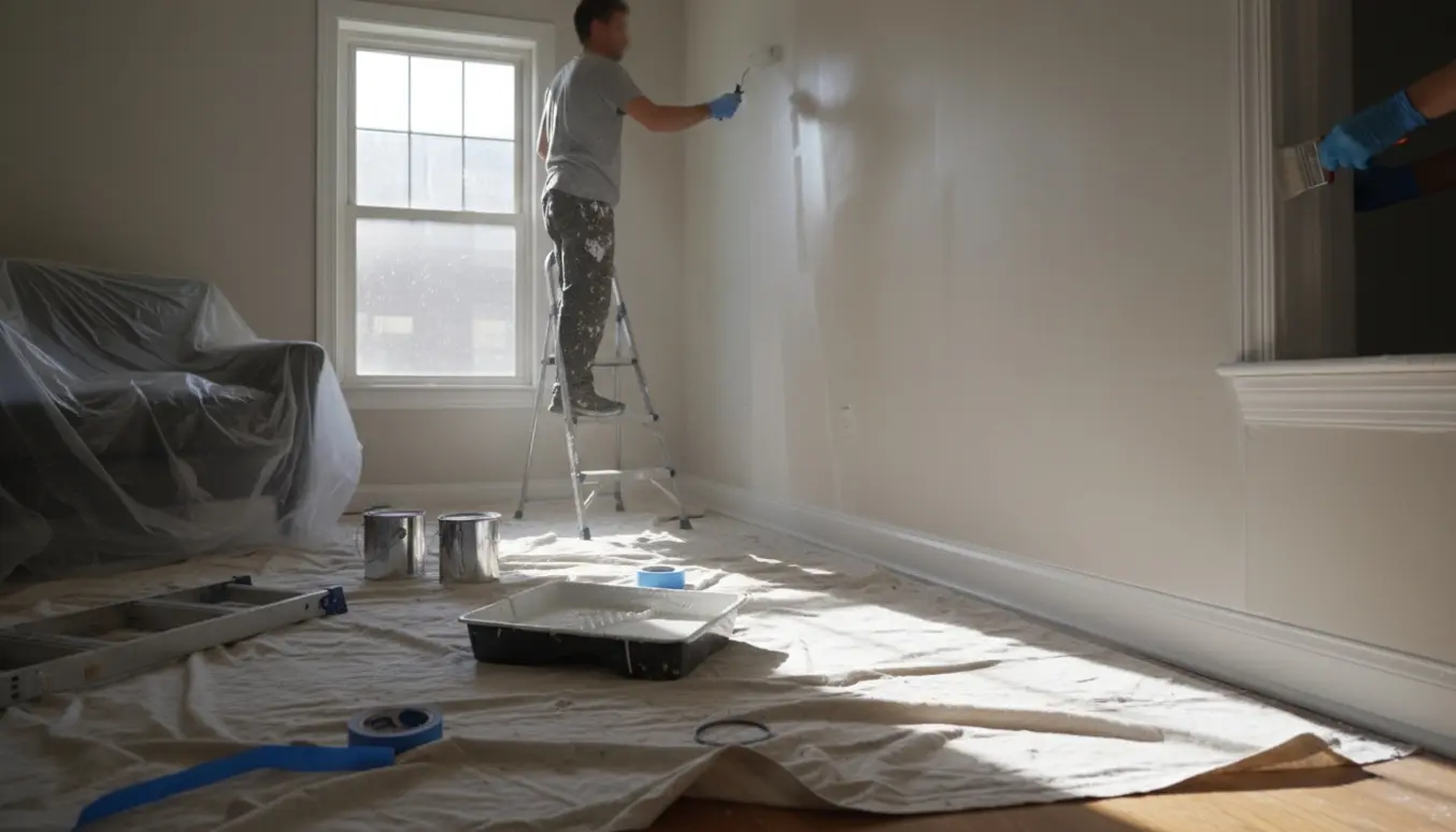 En maler ruller hvid maling på en væg i en lys lejlighed, gulvet er dækket med afdækningsplast og malerbøtter står klar.