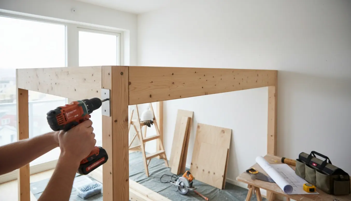 Delvist opbygget hems med håndværkers hænder der skruer et beslag fast, træmaterialer og værktøj i forgrunden.
