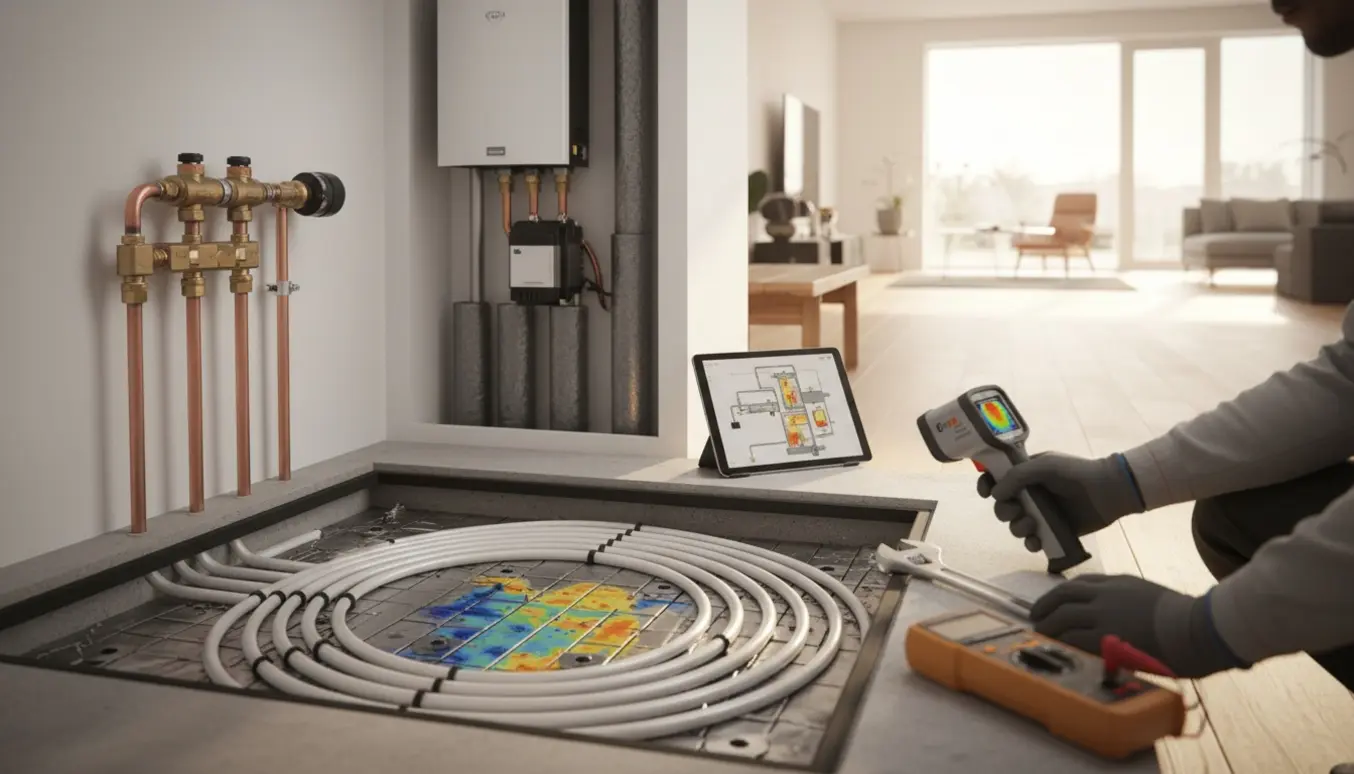 Tekniker inspicerer fjernvarme- og gulvvarmesystem gennem en åben inspektionsluge med termisk kamera.