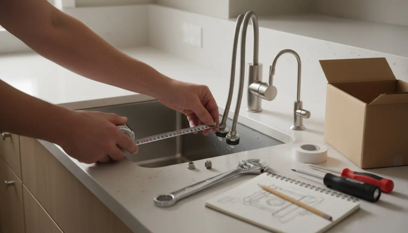 Hænder måler afstand mellem huller i køkkensink for at forberede udskiftning af vandhane.