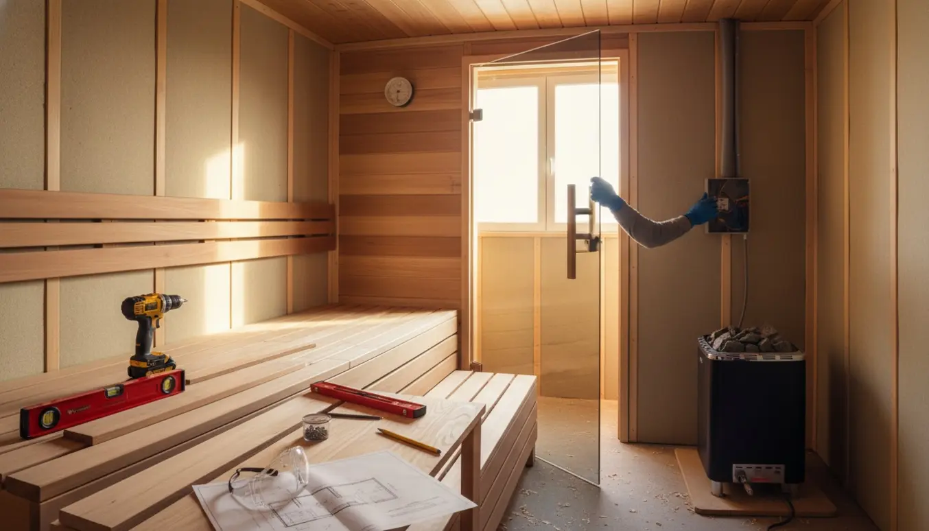 Indvendigt billede af en delvist færdig sauna i et isoleret skur med montering af glasdør, bænke og el-ovn.