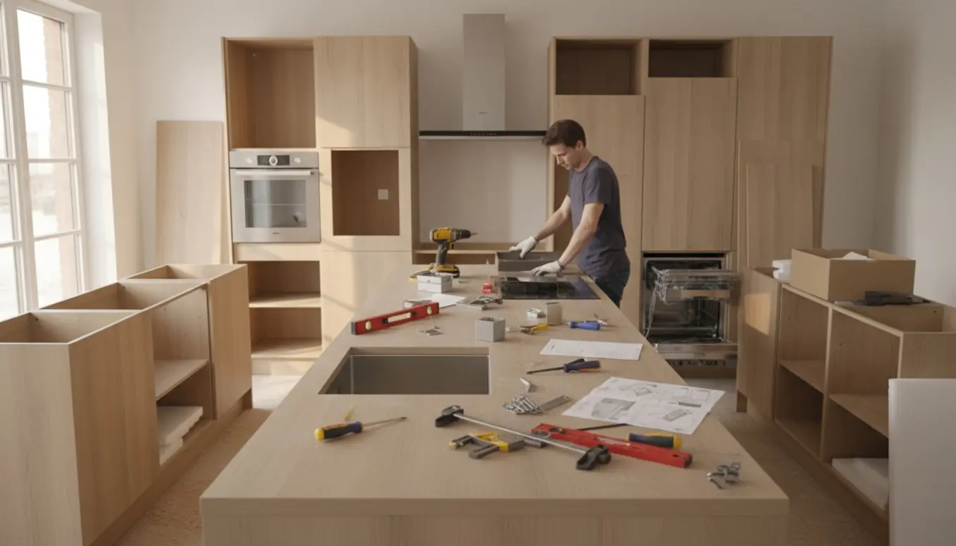 Montage af et moderne køkken med en stor laminat køkkenø, planlimet vask og åbne elementer med værktøj omkring.