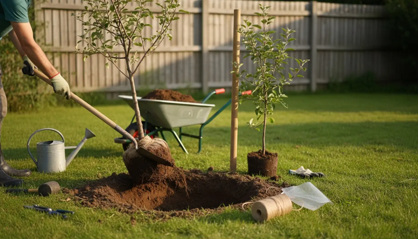 Havearbejde med opgravning af et lille æbletræ og plantning af et ungt træ med haveredskaber.