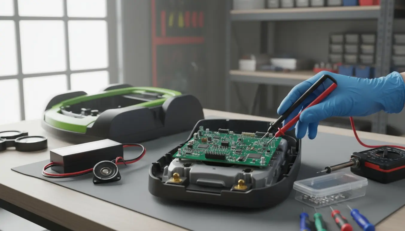 Åben robotplæneklipper på et værkstedsbord med synligt bundkort, fjernet batteri, multimeter og reservedele, mens hænder tester ladekontakter.