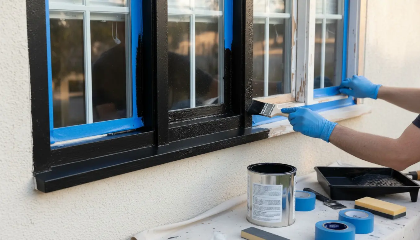 Udvendigt nærbillede af maling af vinduesrammer med alu‑drypnæse, nogle rammer er glatte sorte, andre viser klumpet maling.