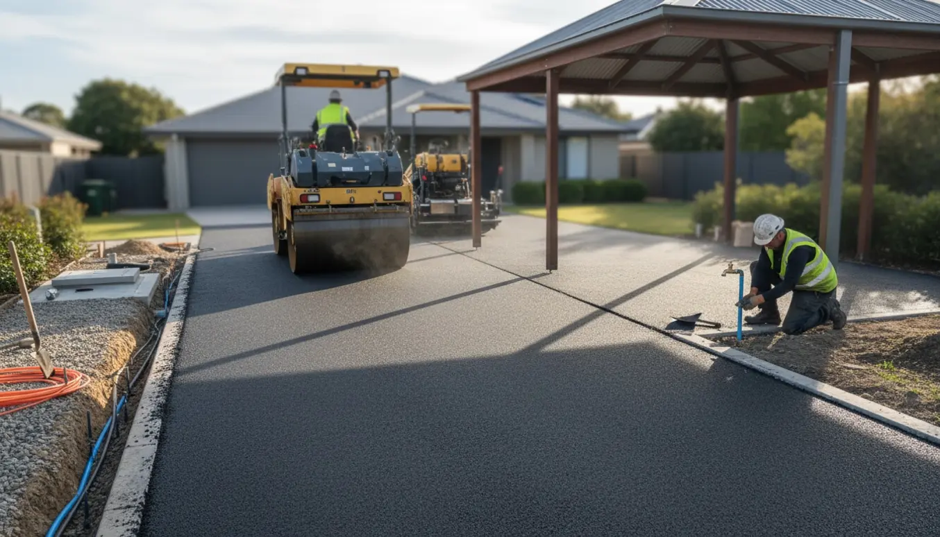 Ny asfalteret indkørsel med carport, frisk asfalt og en ny udendørs vandhane ved carporten.