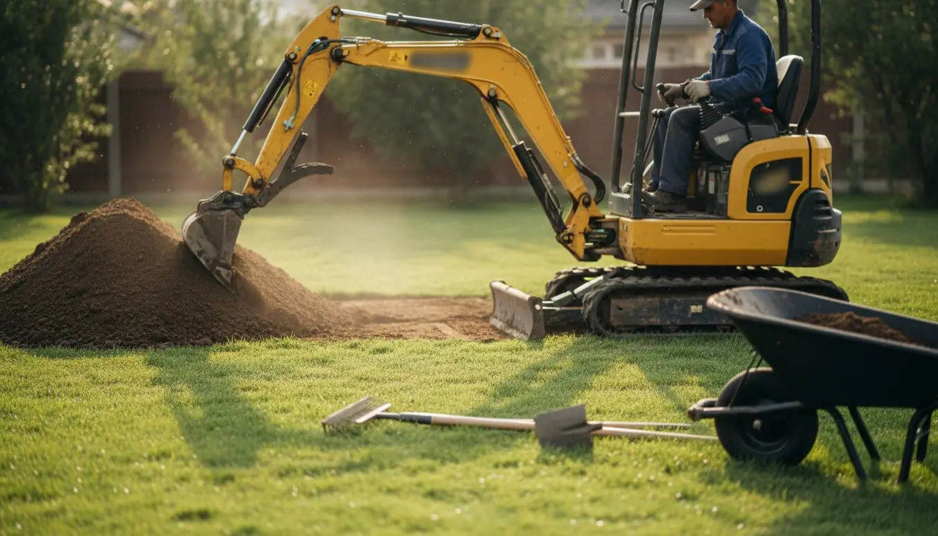 Mini-gravemaskine udjævner en bunke jord på fladt terræn med rive og trillebør.