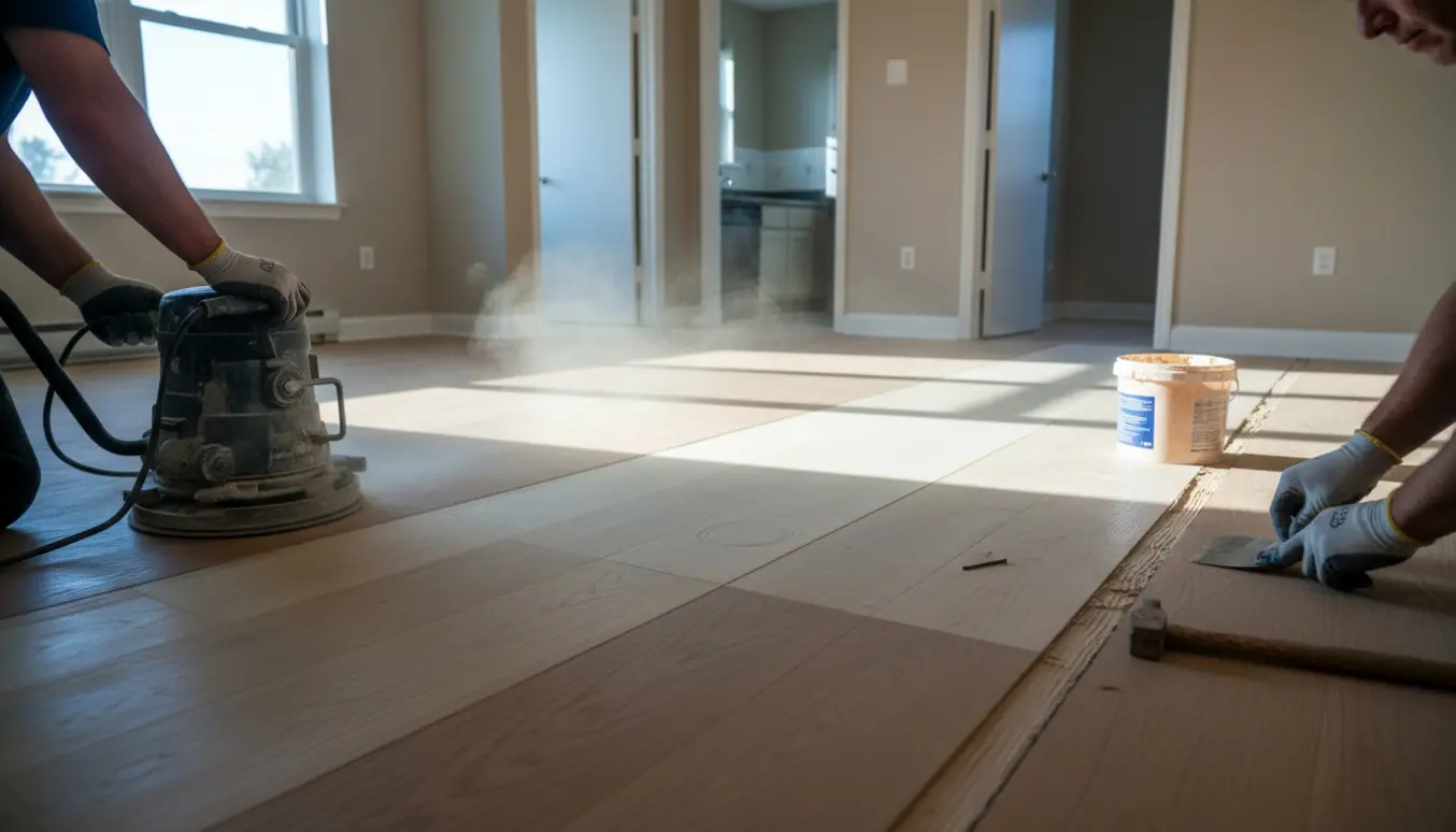 En tom lejlighed hvor hænder sliber og fuger et trægulv med værktøj i forgrunden.