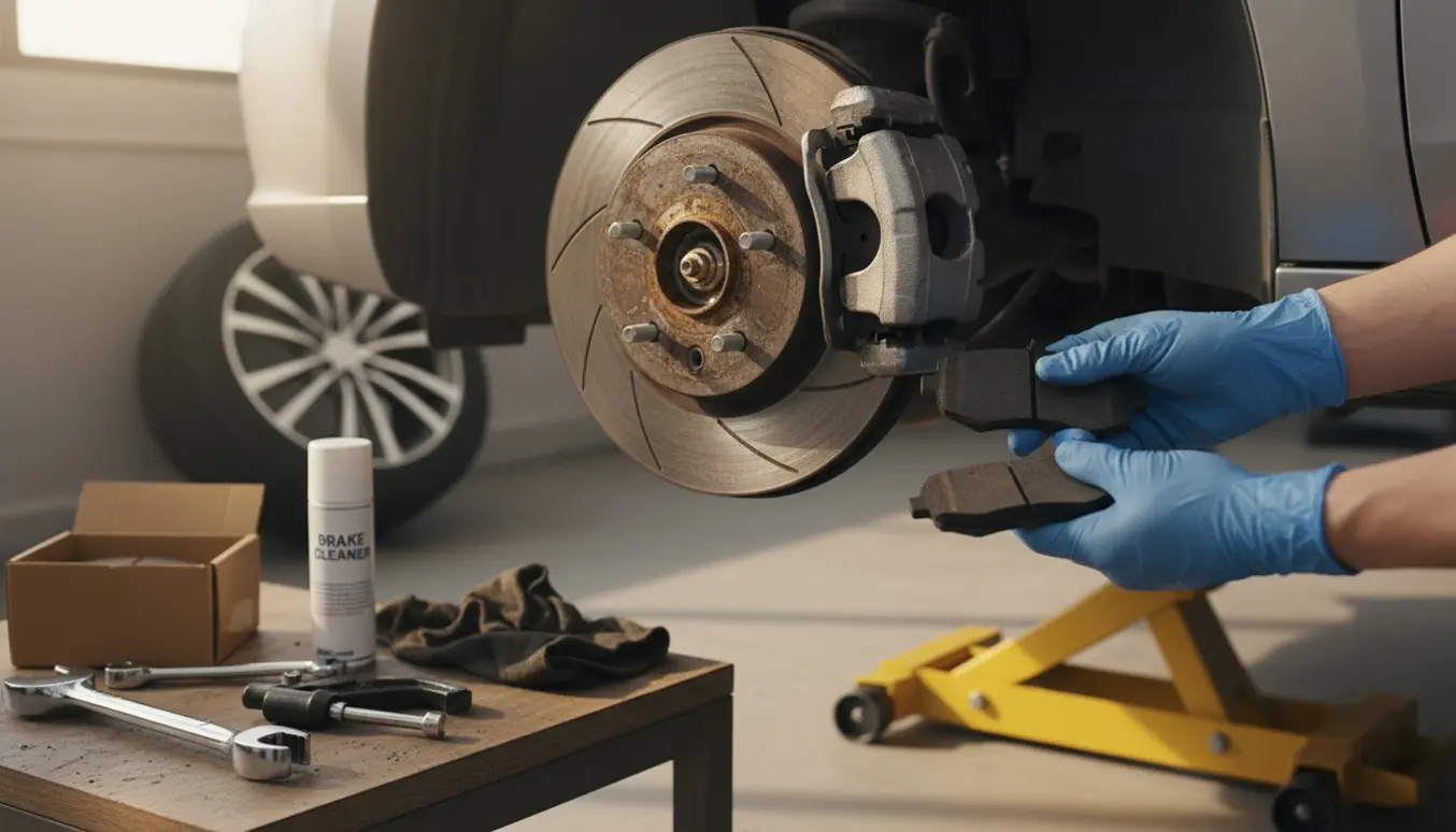 Nærbillede af bilens åbne bremsekaliber med ny og slidt bremseklods klar til udskiftning i et oplyst værksted.