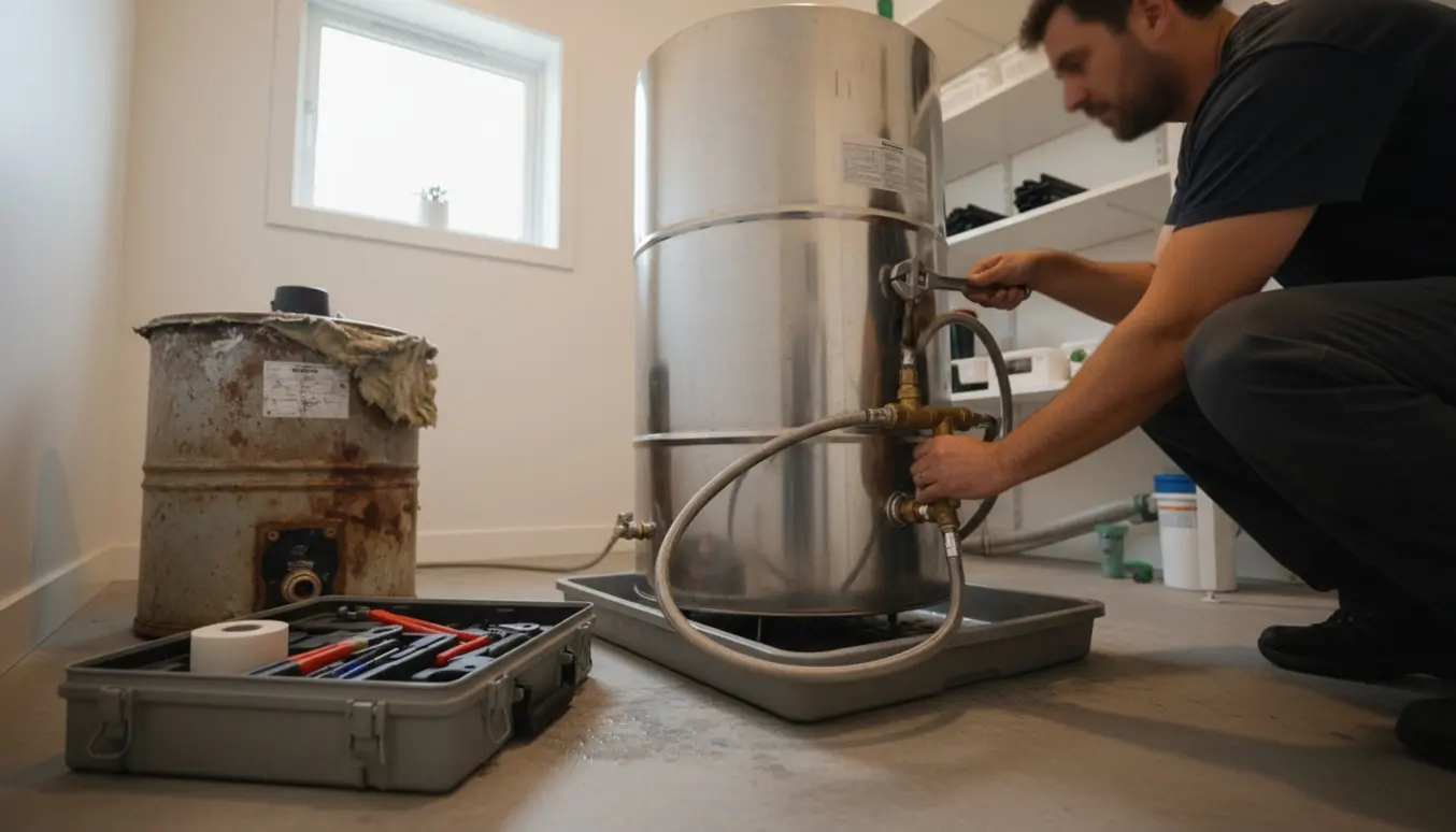 En tekniker udskifter en mindre varmtvandsbeholder med en større i et ryddeligt bryggers, med synlige rør og værktøj.