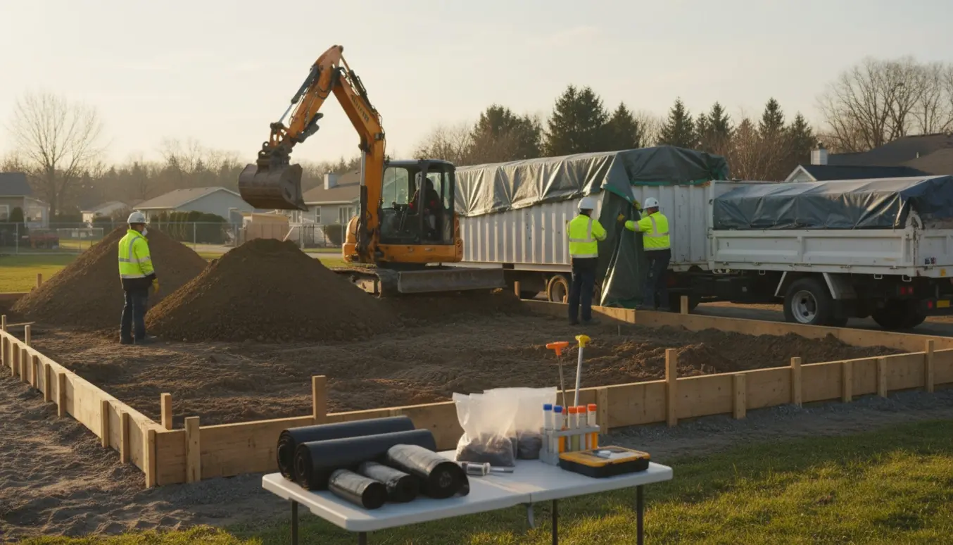 Gravemaskine laster jord fra et nybyggeri, mens arbejdere sikrer containeren med presenning.