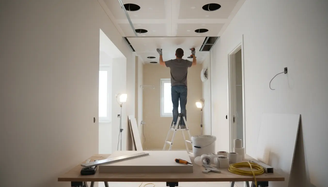 Håndværker monterer gipsloft i en gang med kig ind i badeværelse, synlige lampeudtag i lofterne.