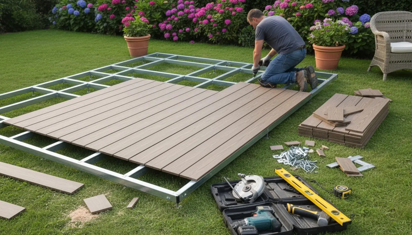 Delvis færdig komposit terrasse i en have med installer, værktøj og stabler af brædder.