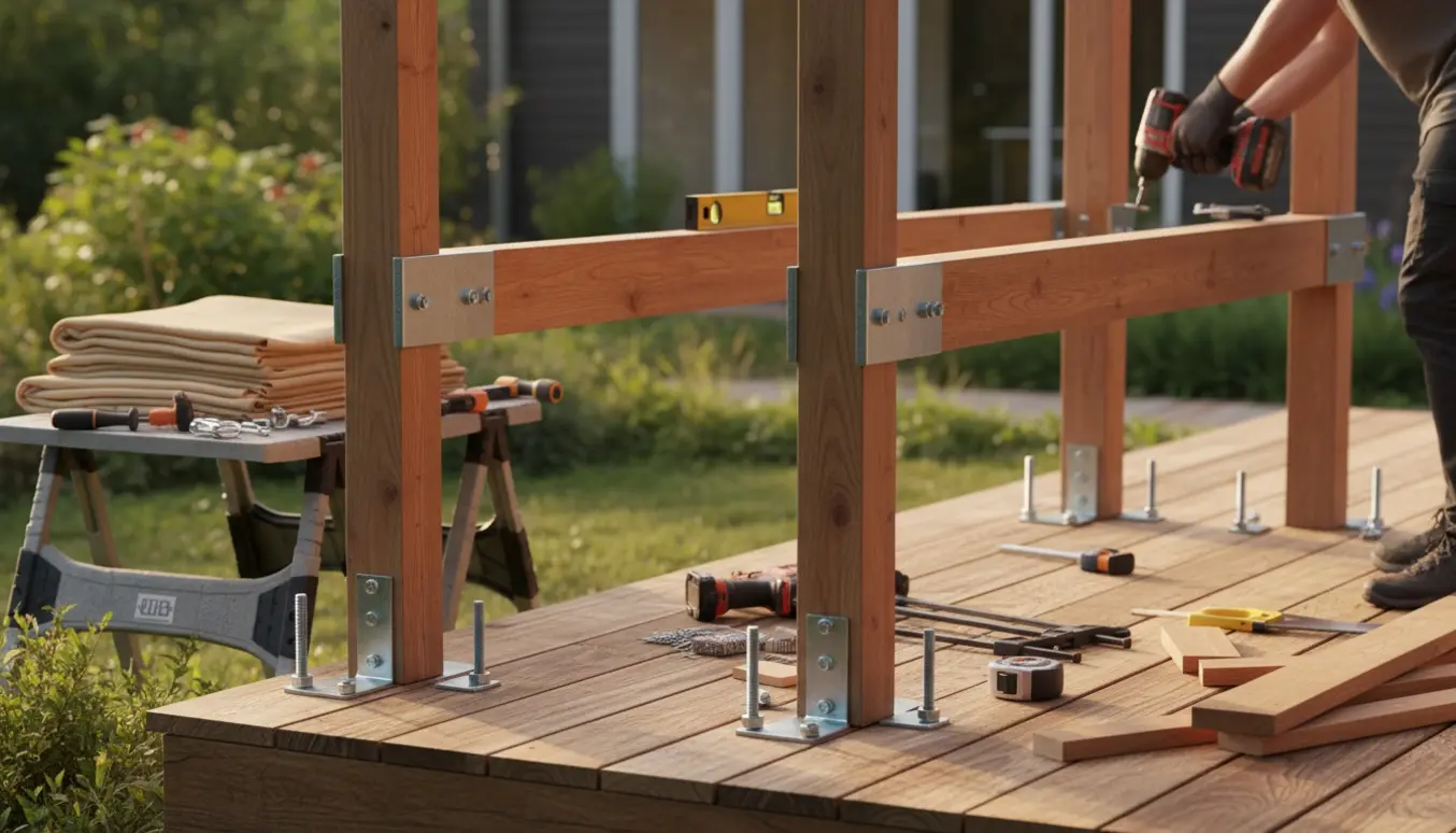 Lille træpergola under opbygning på en træterrasse med stolper, overliggere og sammenrullet skygge-sejl.