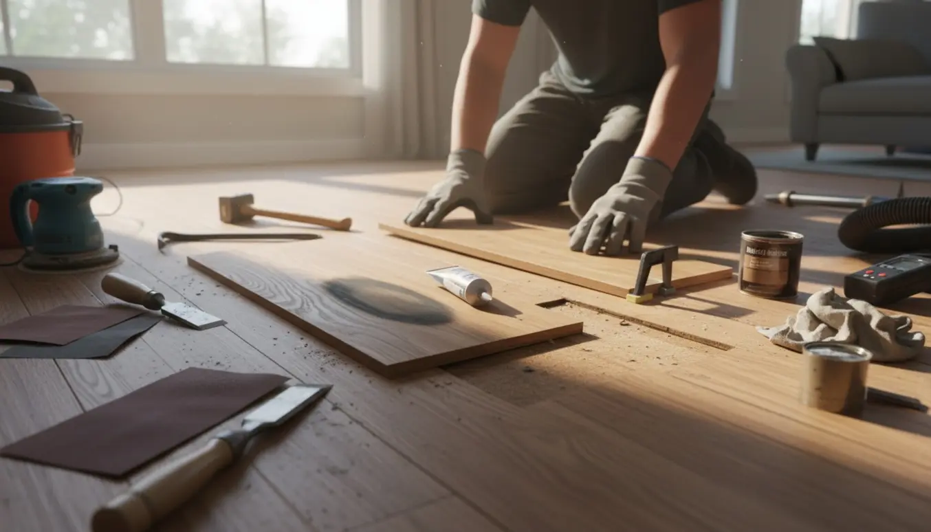 Nærbillede af reparation af trægulv med slebne brandskader og udskiftet vandskadet planke.