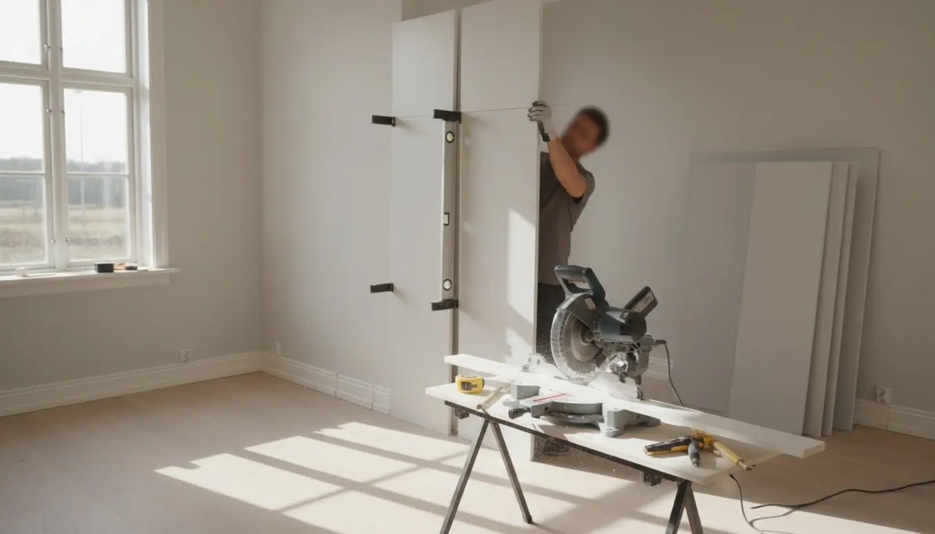 Hænder tilpasser og monterer høje vægpaneler indendørs, mens et geringssav skærer fodpaneler.