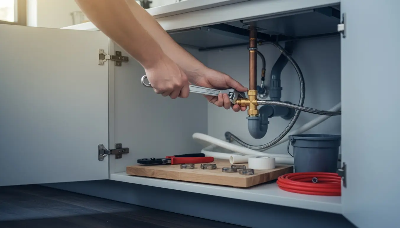 Åbent køkkenskab under vask med hænder, der monterer en vandtilslutning til opvaskemaskine, synlige rør og værktøj.