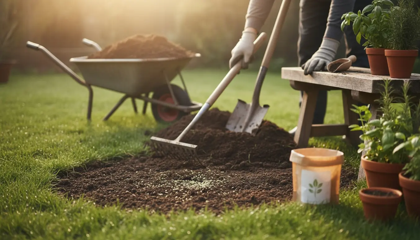 Hænder sår græs og flytter jord i en lille baghave.
