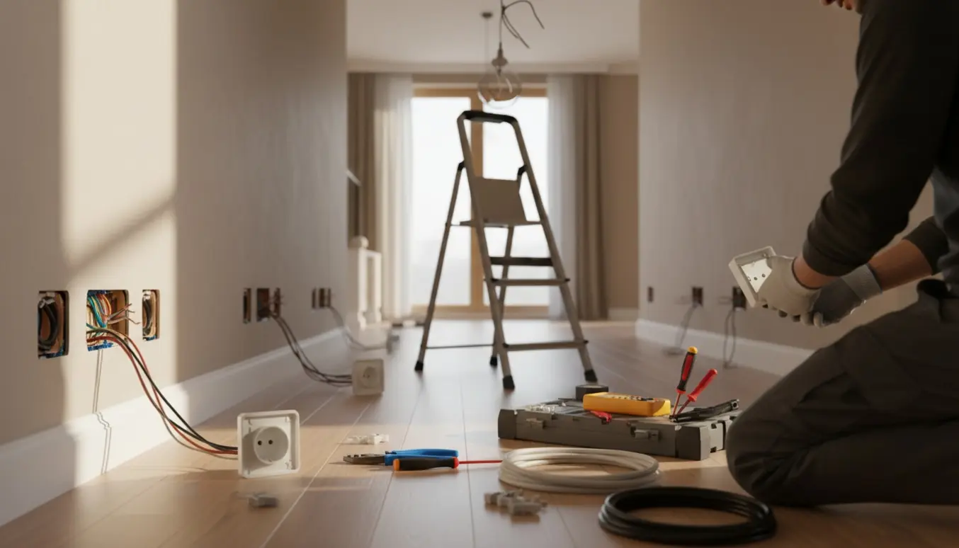 Hænder udskifter stikkontakter og organiserer ledninger i et lyst hjem.