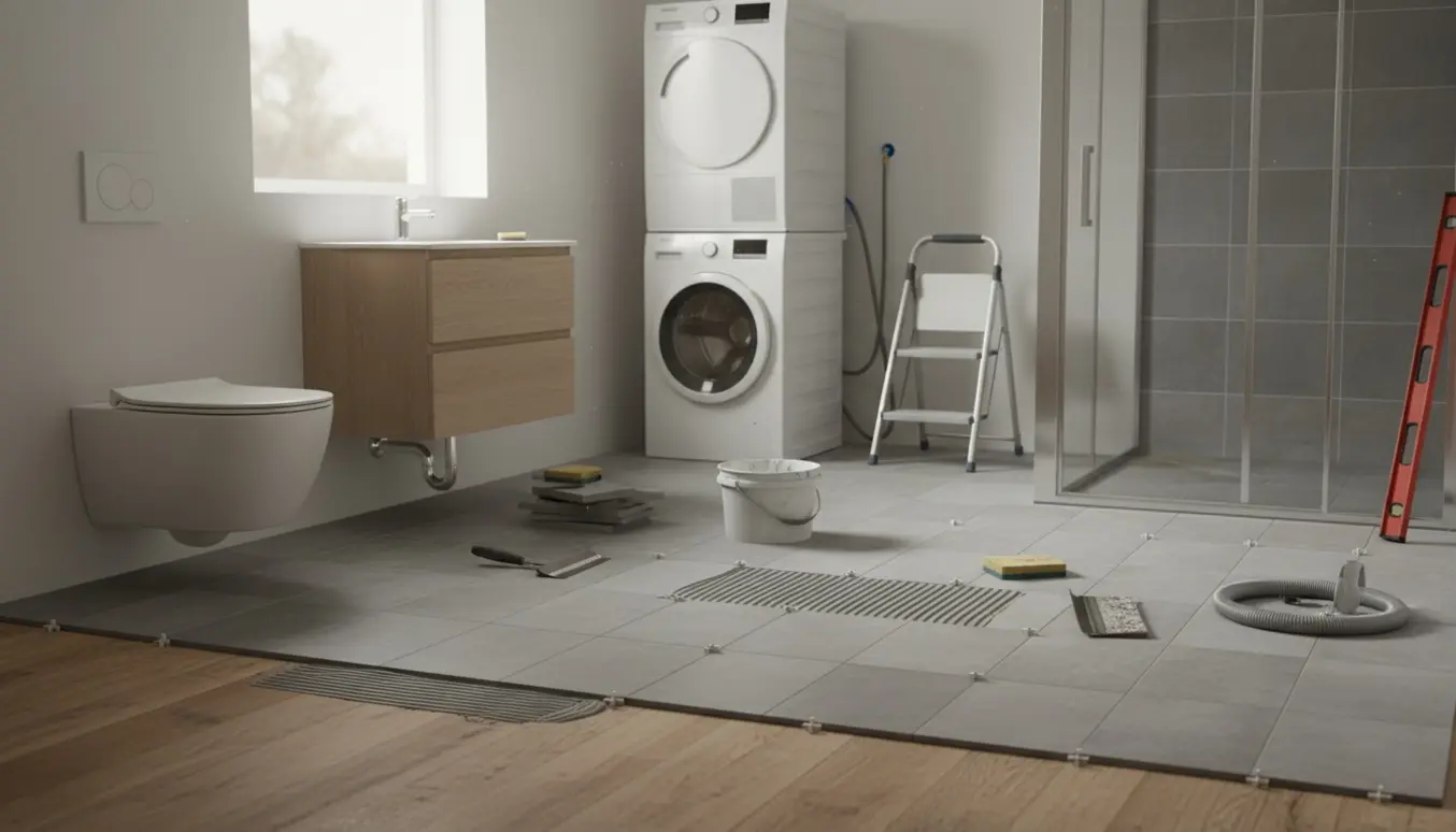 Bryggers under ombygning til badeværelse med delvist lagte fliser, brusekabine, toilet og tilsluttet vaskemaskine.