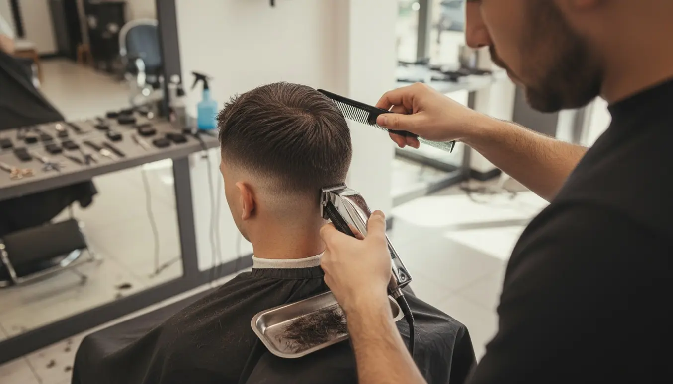 Barber klipper en herre med korte sider og 1–2 cm på toppen ved en professionel klippestation.