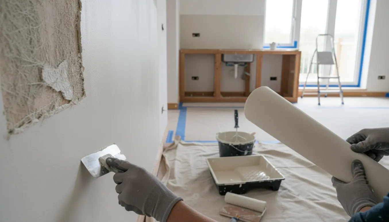 Nærbillede af væg i åben køkken-stue under renovering med fjernet glasvæv, spartel, nyt filt og malerudstyr.