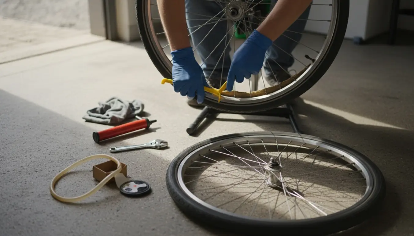 Hænder skifter dæk og slanger på to hjul til en herrecykel i et lyst, enkelt værksted.