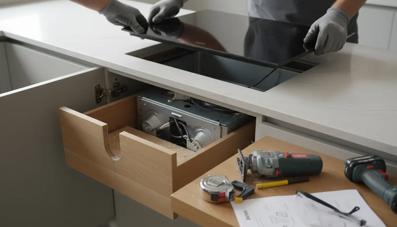 Installatør tilpasser en lille køkkenskuffe under en indbygget downdraft kogeplade.