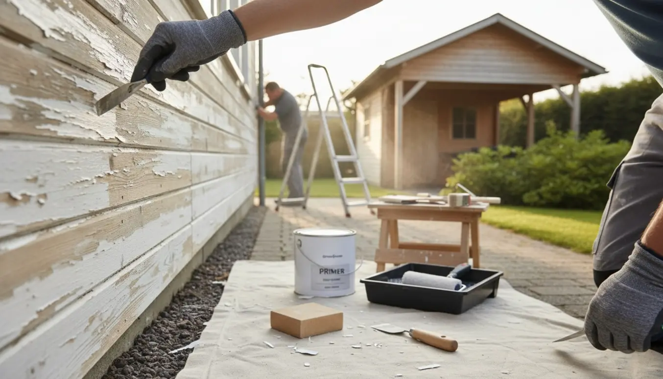 Nærbillede af hænder, der skraber gammel maling af et træhus med malerværktøj, skur og carport i baggrunden.