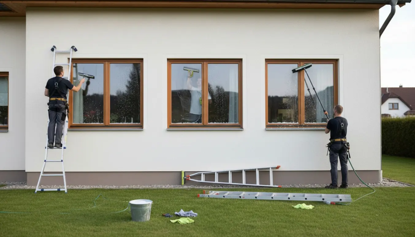 Fagperson pudser fem vinduer på 2. sal med stige, forlængerskaft og skureudstyr.