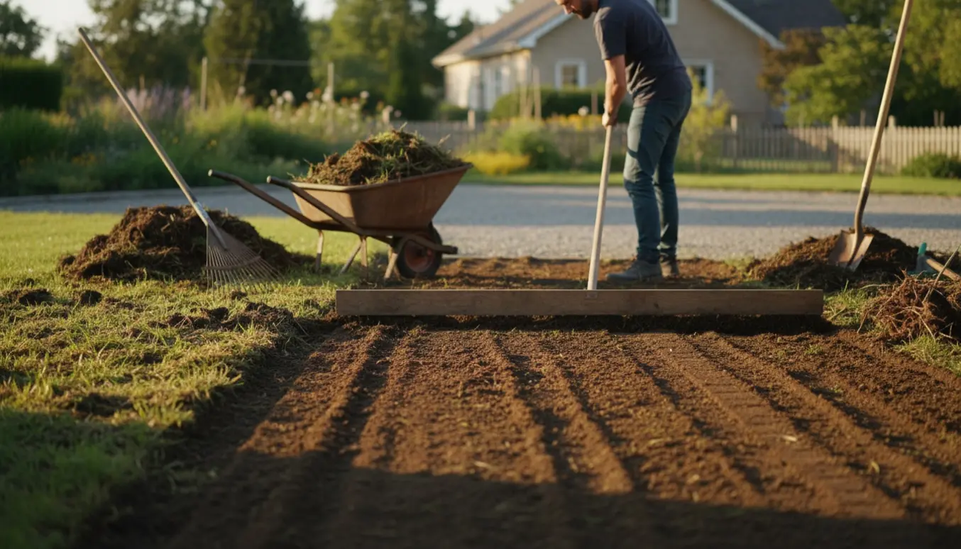 En havearbejder retter og harver muldjord i en baghave med bred stabilgrusindkørsel, klar til ny græsplæne.