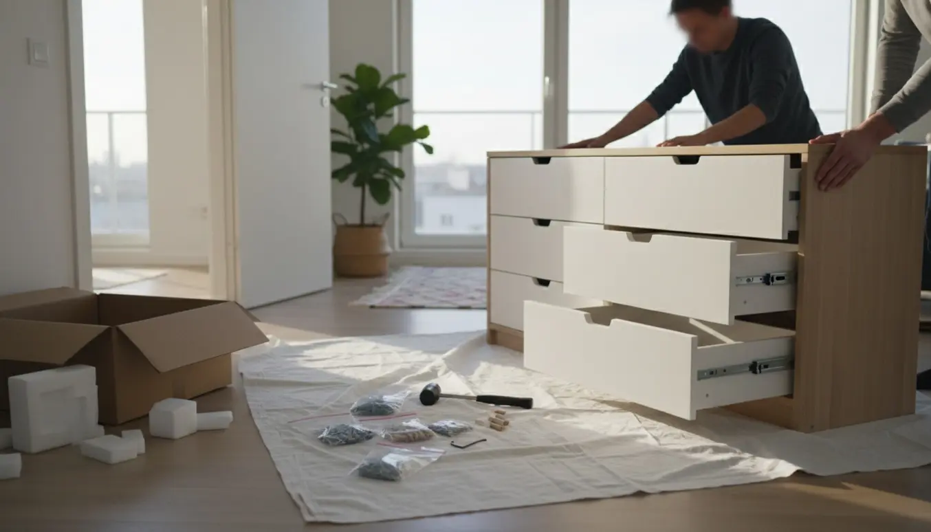 Levering og samling af en moderne 6-skuffers kommode i en lys lejlighed med værktøj og dele klar.