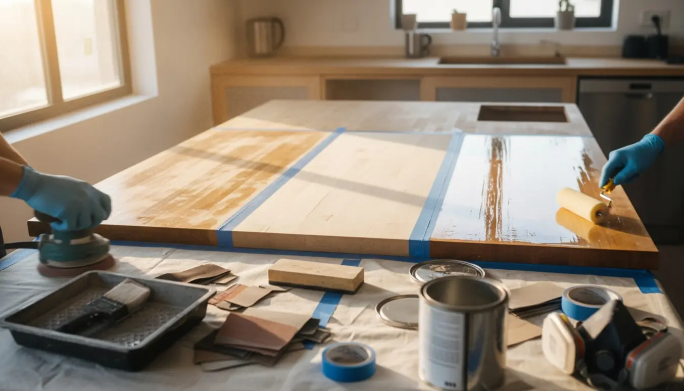 Slibning og lakering af tre træbordplader i et køkken med synlig kontrast mellem slebet træ og nylakeret overflade.