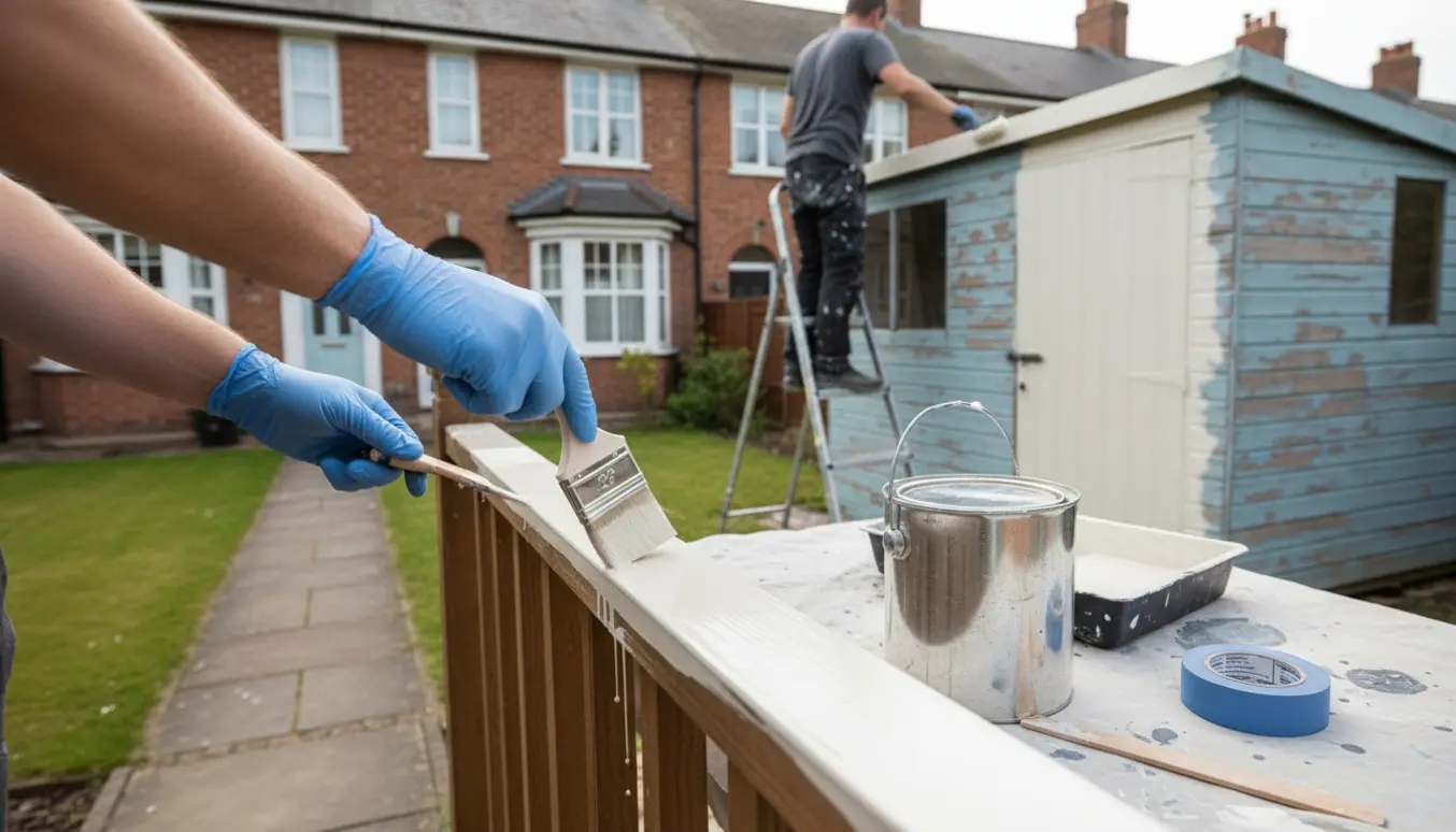 Nærbillede af hænder, der maler rækværk med et halvmalet træskur og stige i baggrunden.