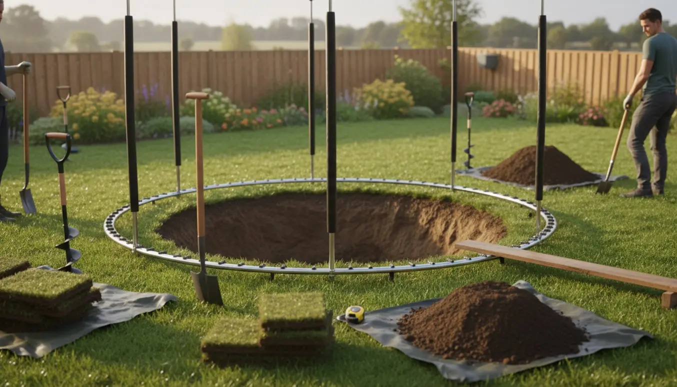 Delvist nedgravet trampolin i en have med spader og jordbunker omkring.