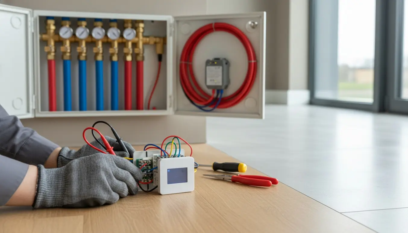 Nærbillede af hænder, der fejlsøger en afmonteret gulvvarmetermostat med eksponerede ledninger og et åbent manifold i baggrunden.