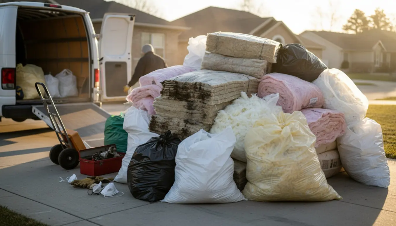 Stor bunke våd og tør isolering i plastsække og batt ved en åben varevogn klar til afhentning.