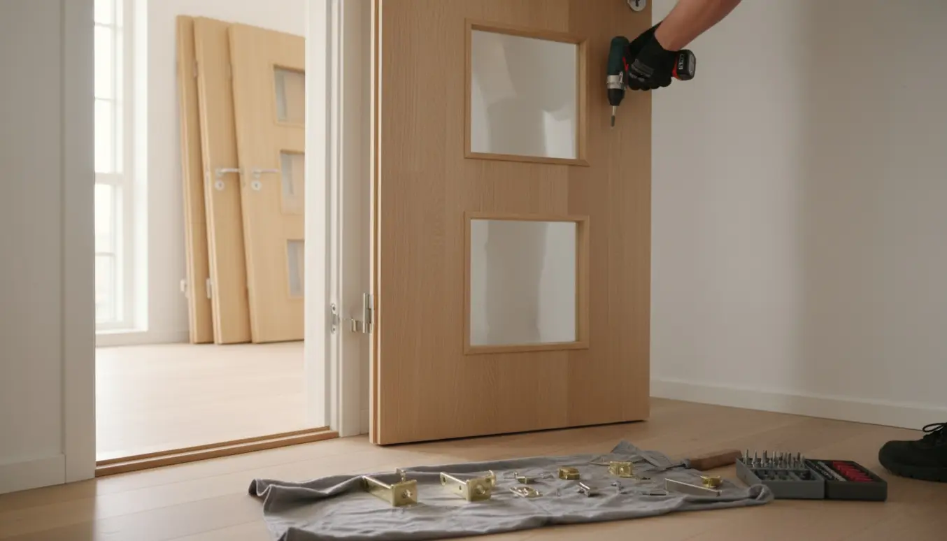 Installatør monterer en Safco Massiv 3-kvadrat indvendig dør med tre kvadratiske glasfelter i et lyst skandinavisk hjem i Odense.