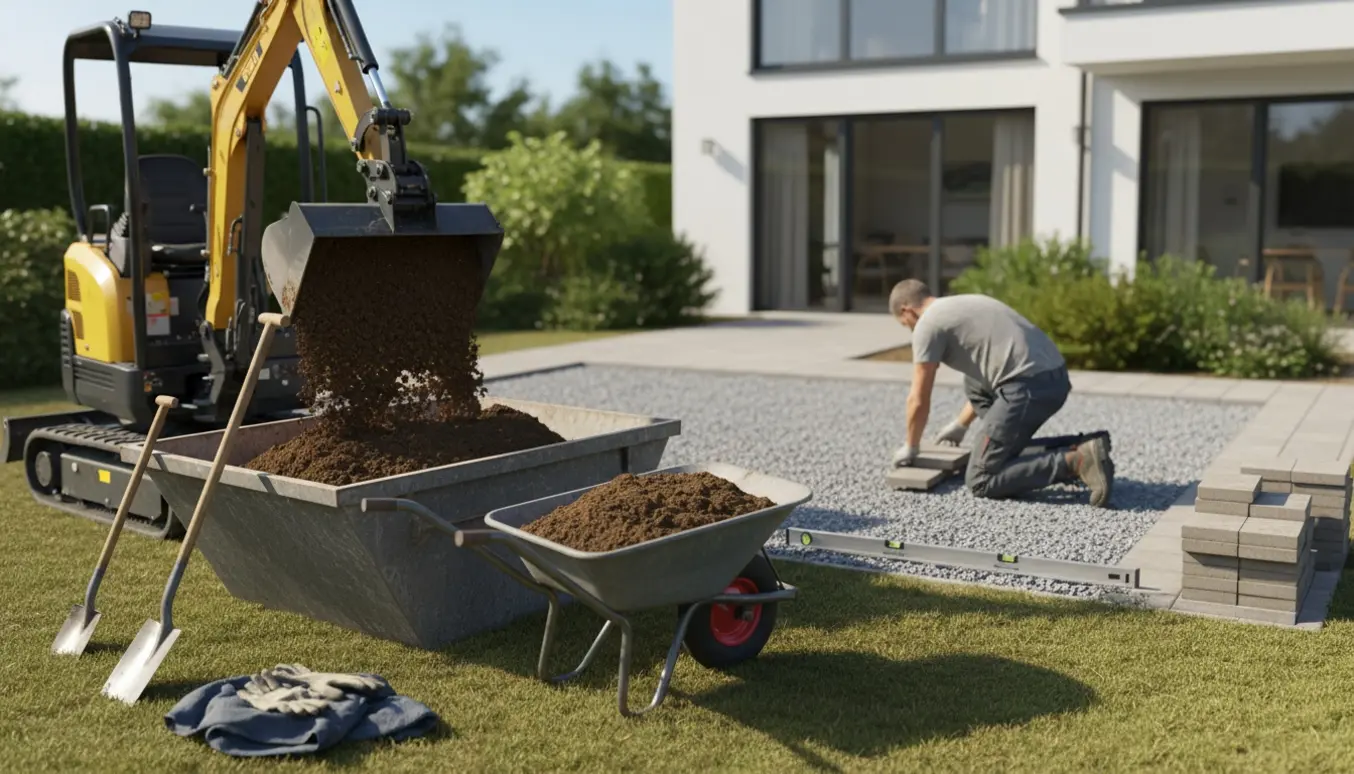 Mini gravemaskine læsser opgravet jord i en container ved en have med stabel af fliser.