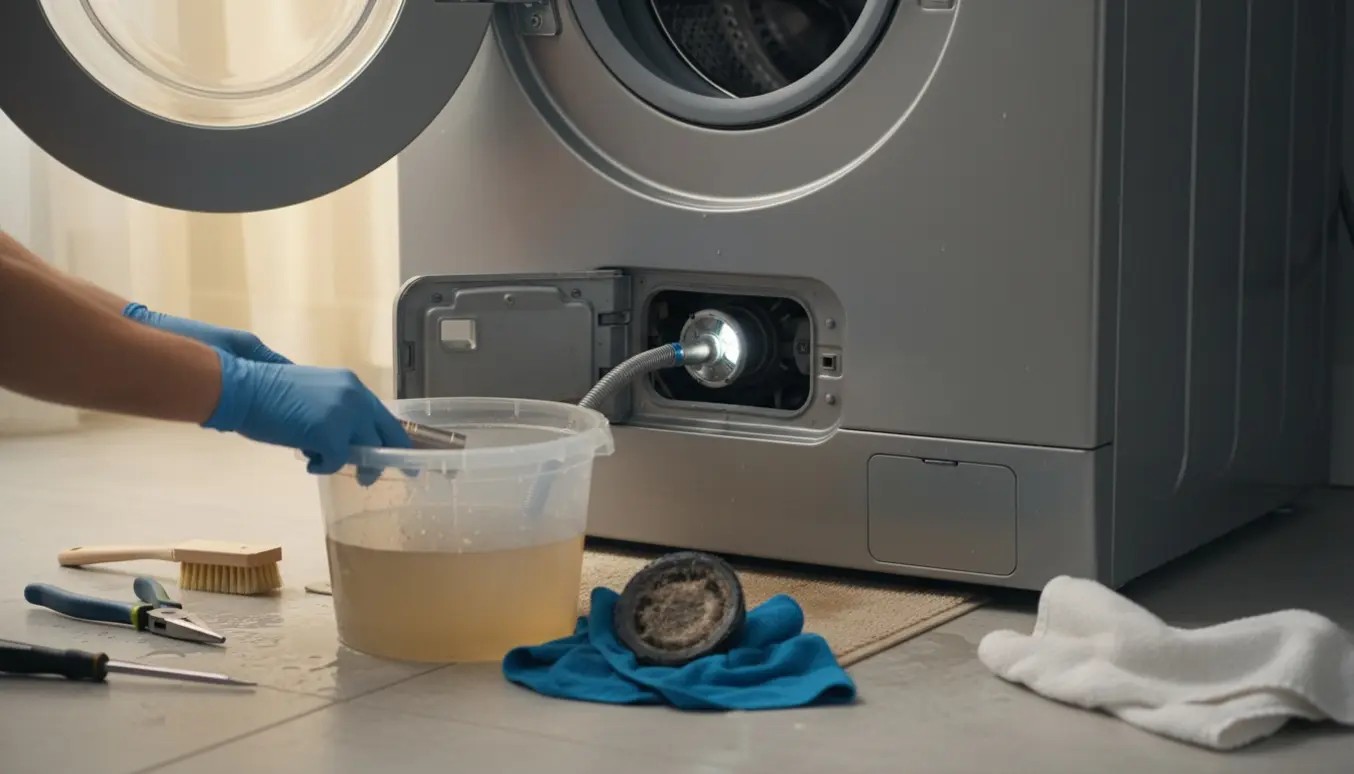 En frontbetjent vaskemaskine med åben filterluke og en spand, mens handsker og værktøj bruges til at tømme vand.