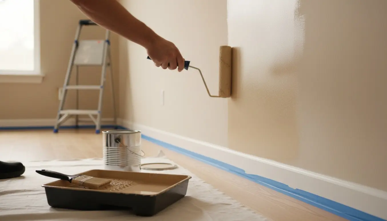Hænder maler en bred, glat væg i en ny stue med malerudstyr på afdækningsplast.