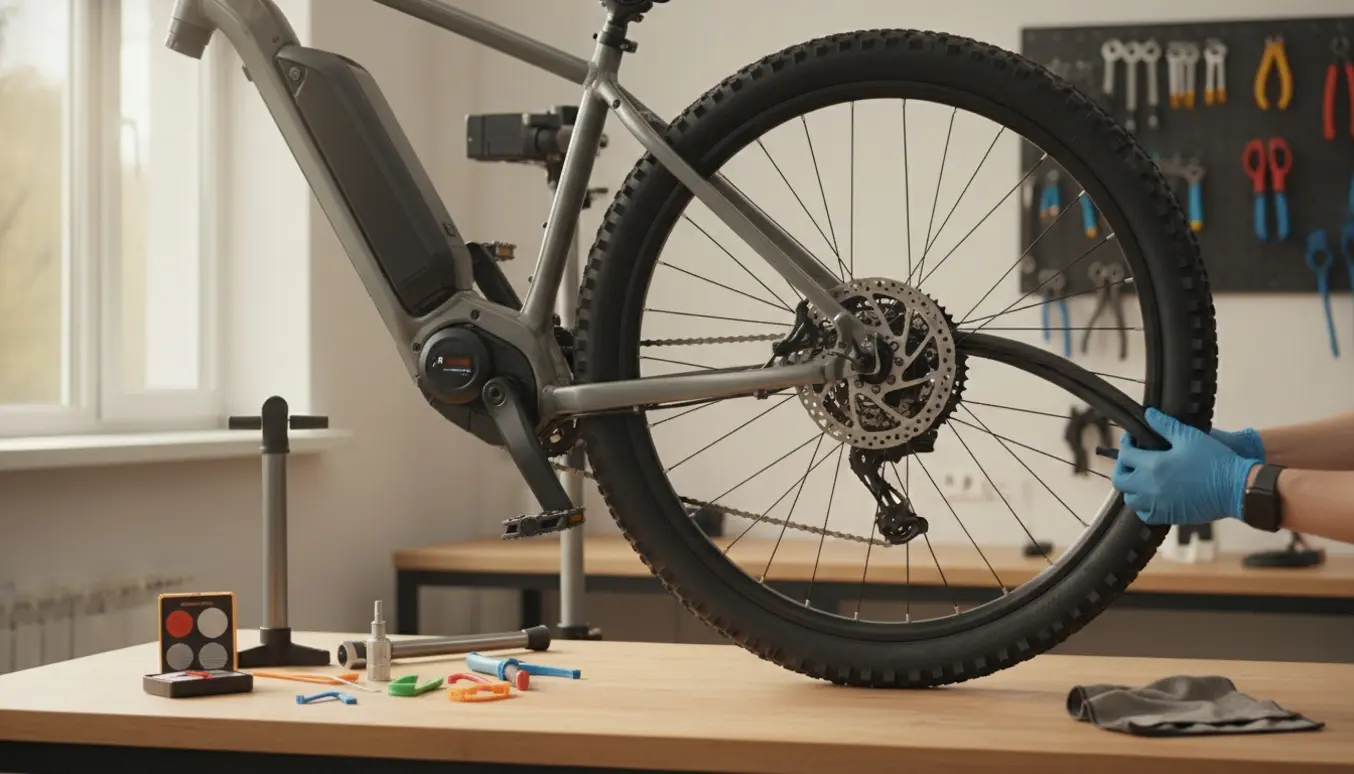 Hænder monterer nye dæk og slanger på baghjulet af en el-cykel i et lyst værksted.