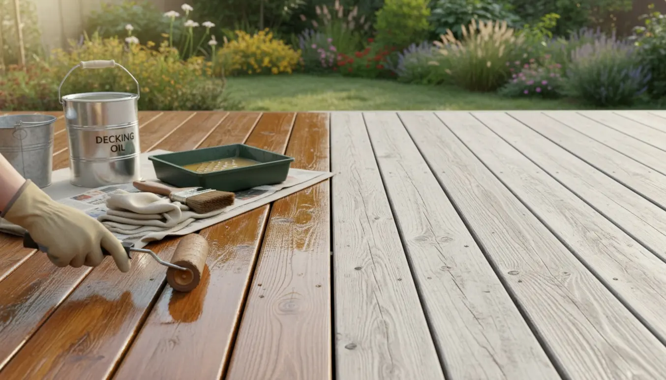Hænder i handsker olierer en træterrasse med kontrast mellem nyslebet, olieret og tørt træ.