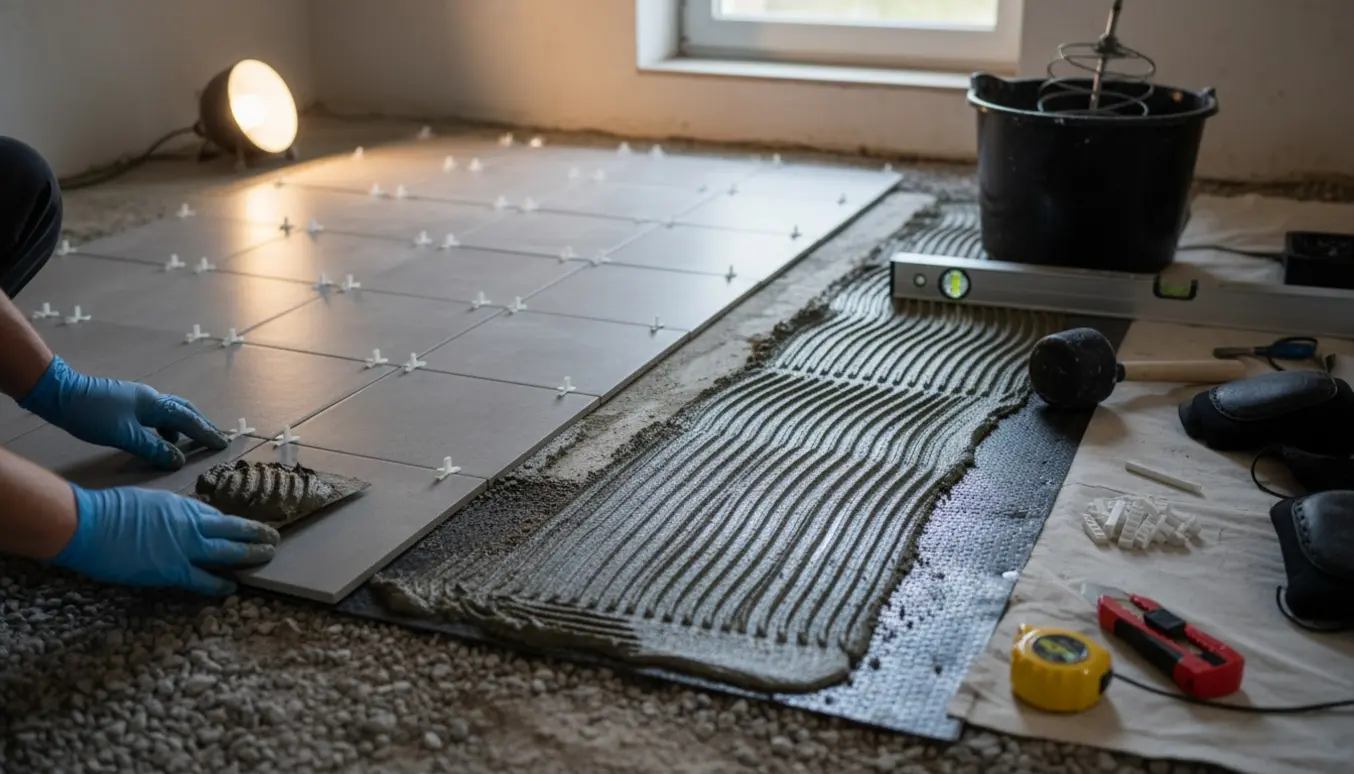 Nærbillede af et 1 m² kældergulv, halvt lagt flisegulv med mørtel, underlag og værktøj.